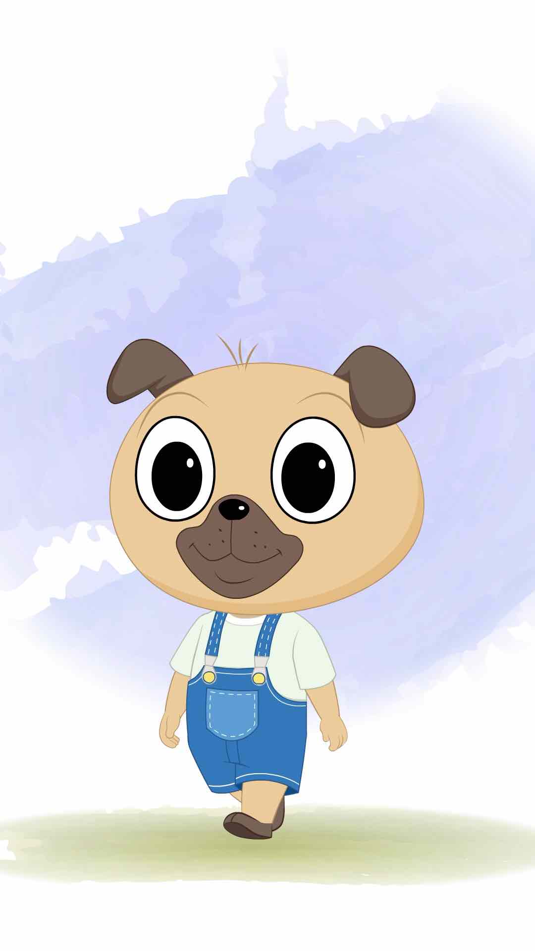 A little dog 3/4 front view/three quarter view walking animated cartoon character aka duffy the dog