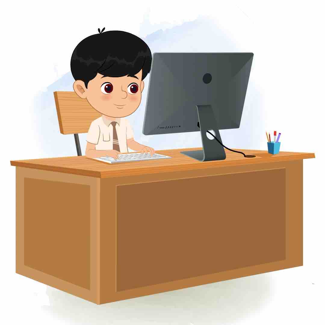 A cute school boy animated cartoon character working on a computer aka aarav