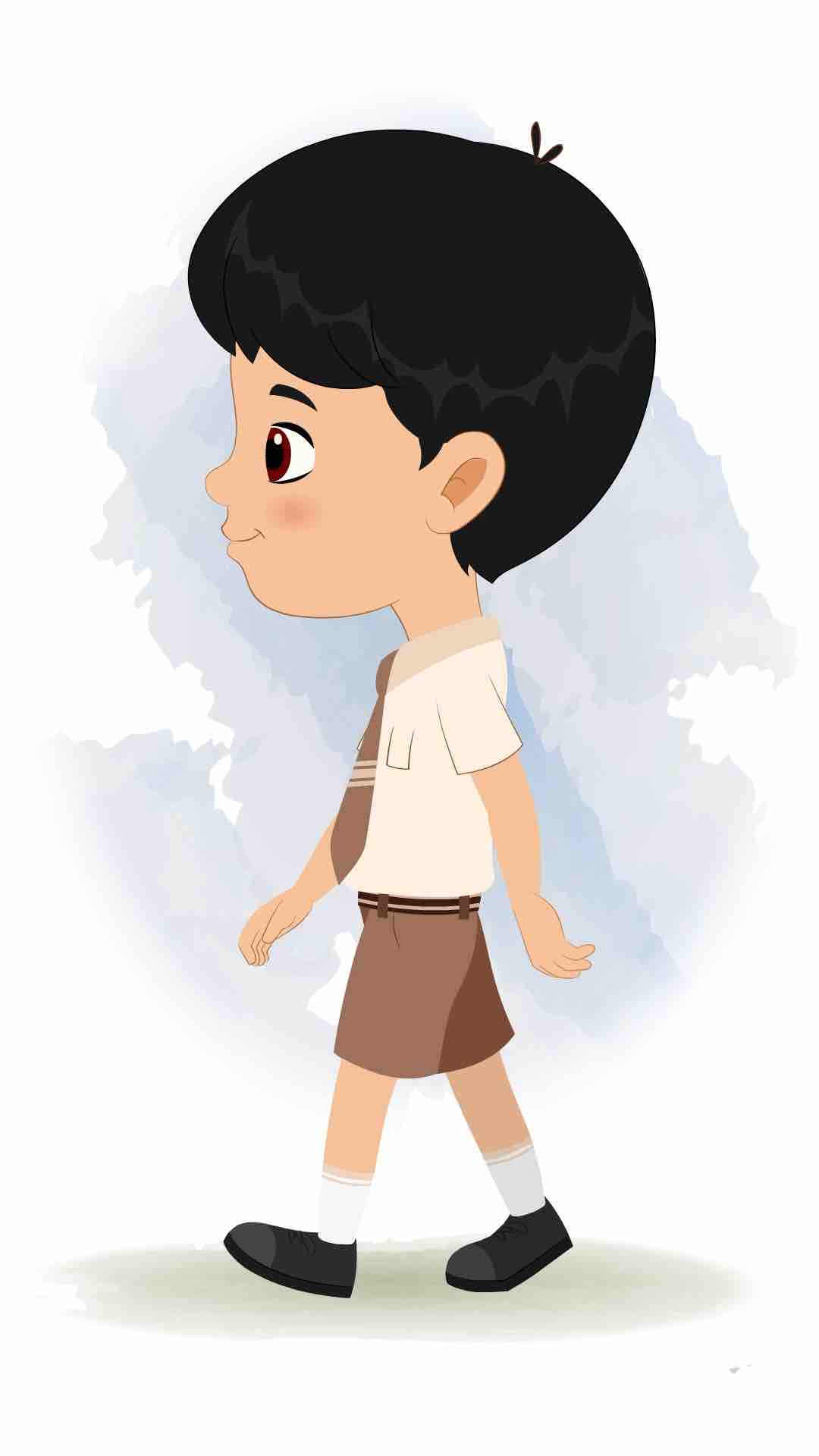 A cute school boy side walking view animated cartoon character aka aarav