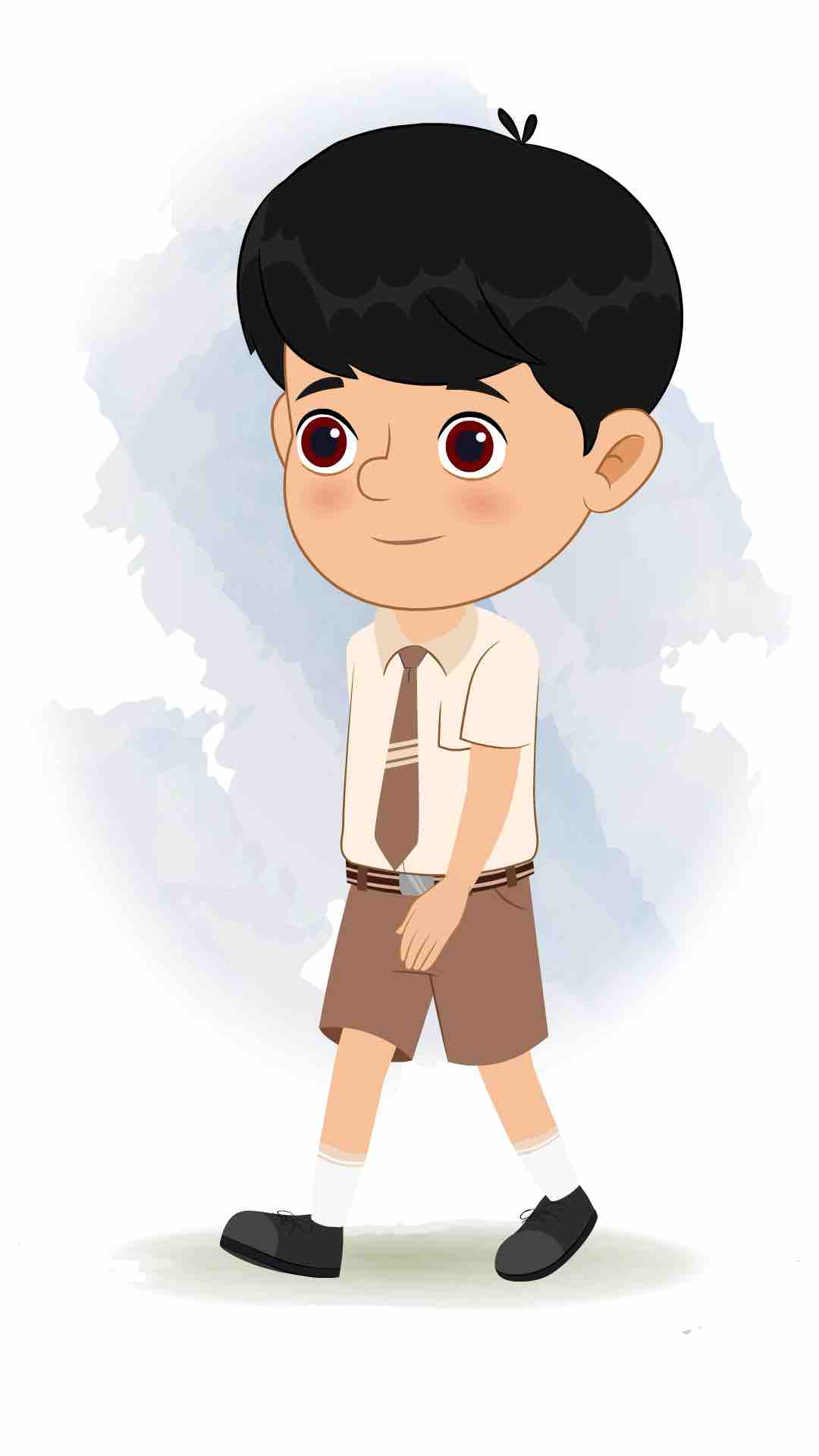 A cute school boy 3/4 front view/three quarter view walking animated cartoon character aka aarav