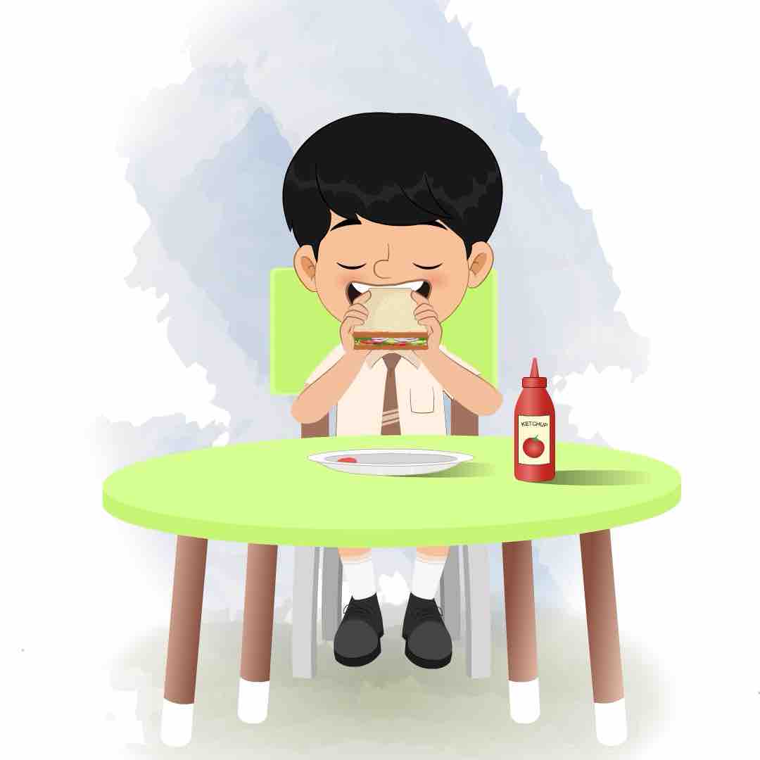 A cute school boy animated cartoon character sitting at a table and eating a sandwich aka aarav