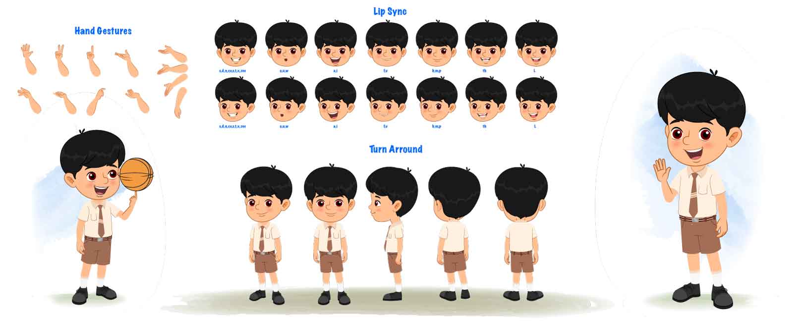 A cute school boy cartoon character construction/model sheet aka aarav