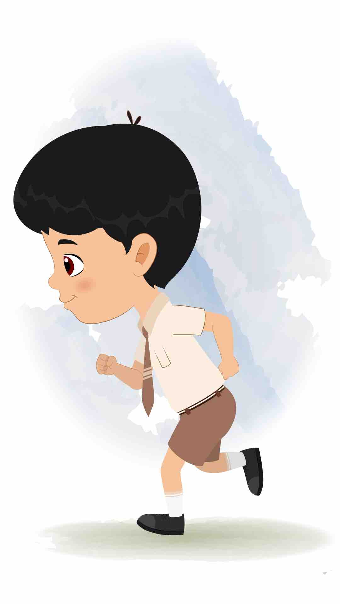 A cute school boy running fast side view animated cartoon character aka aarav