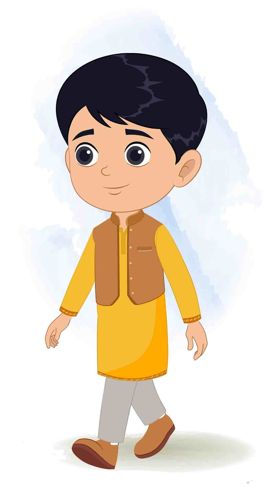 An Indian boy 3/4 front view/three quarter view walking animated cartoon character aka ishaan