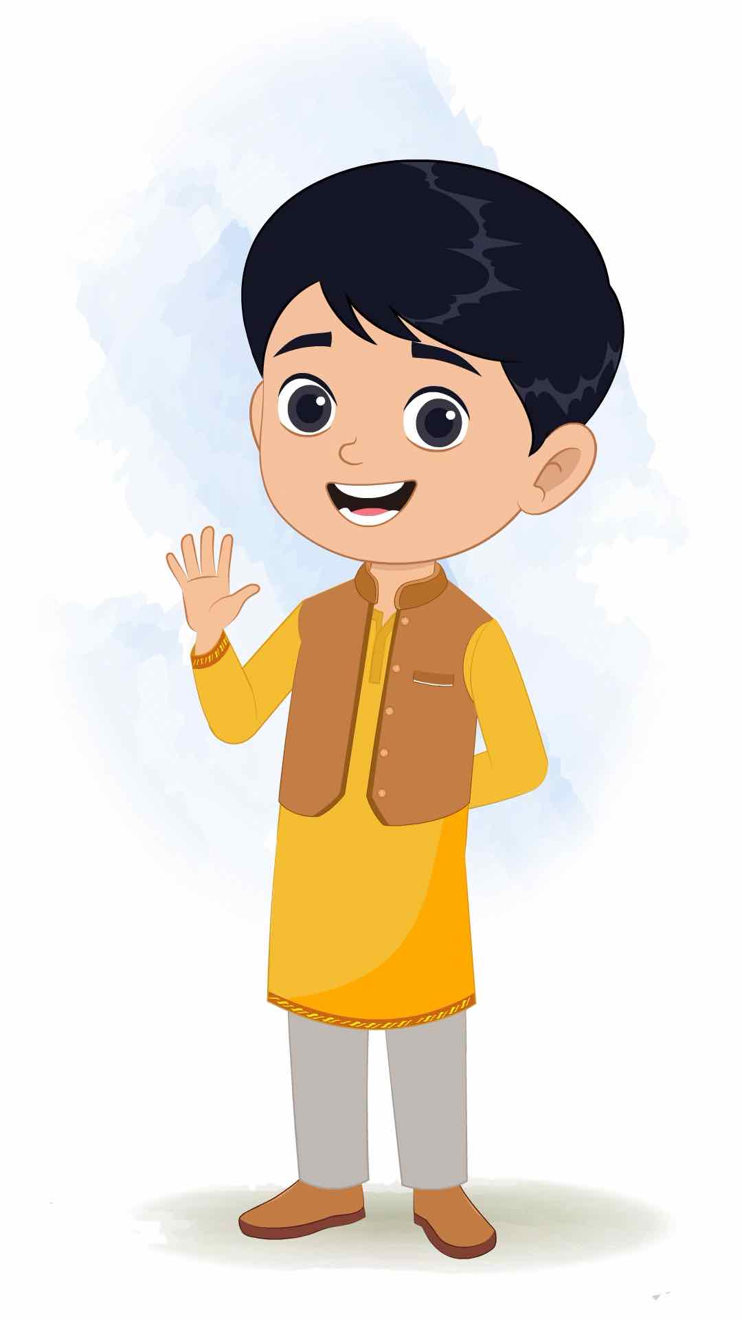 An Indian boy saying hello animated cartoon character aka ishaan