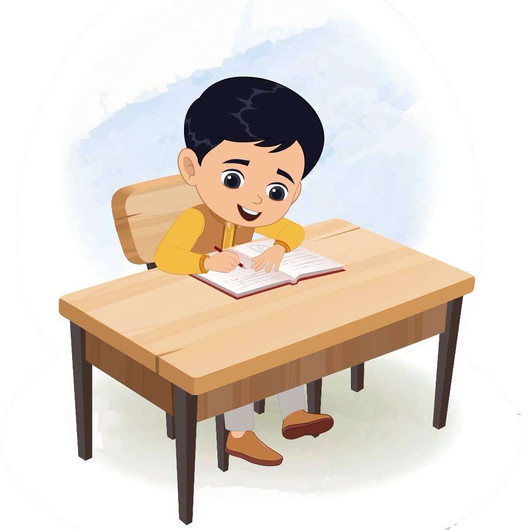 An Indian boy doing homework and sitting on the table animated cartoon character aka ishaan