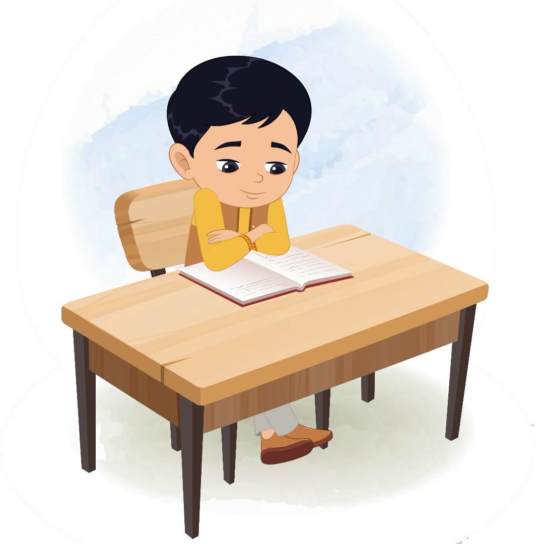 An Indian boy reading a book and sitting on the table animated cartoon character aka ishaan