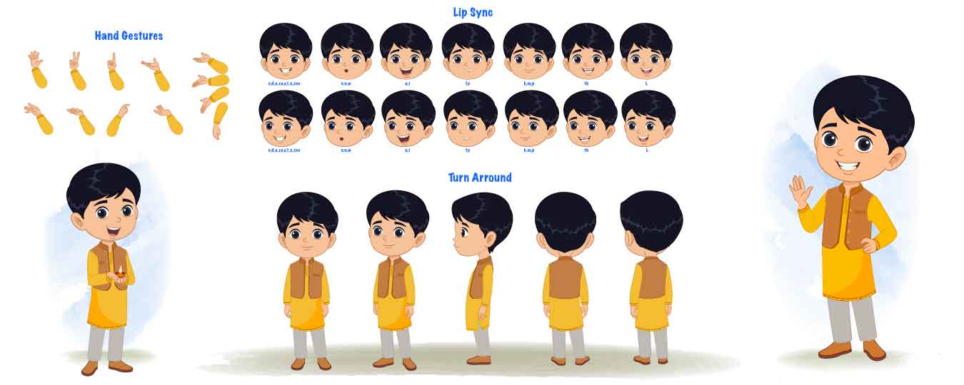 An Indian boy cartoon character construction/model sheet aka ishaan