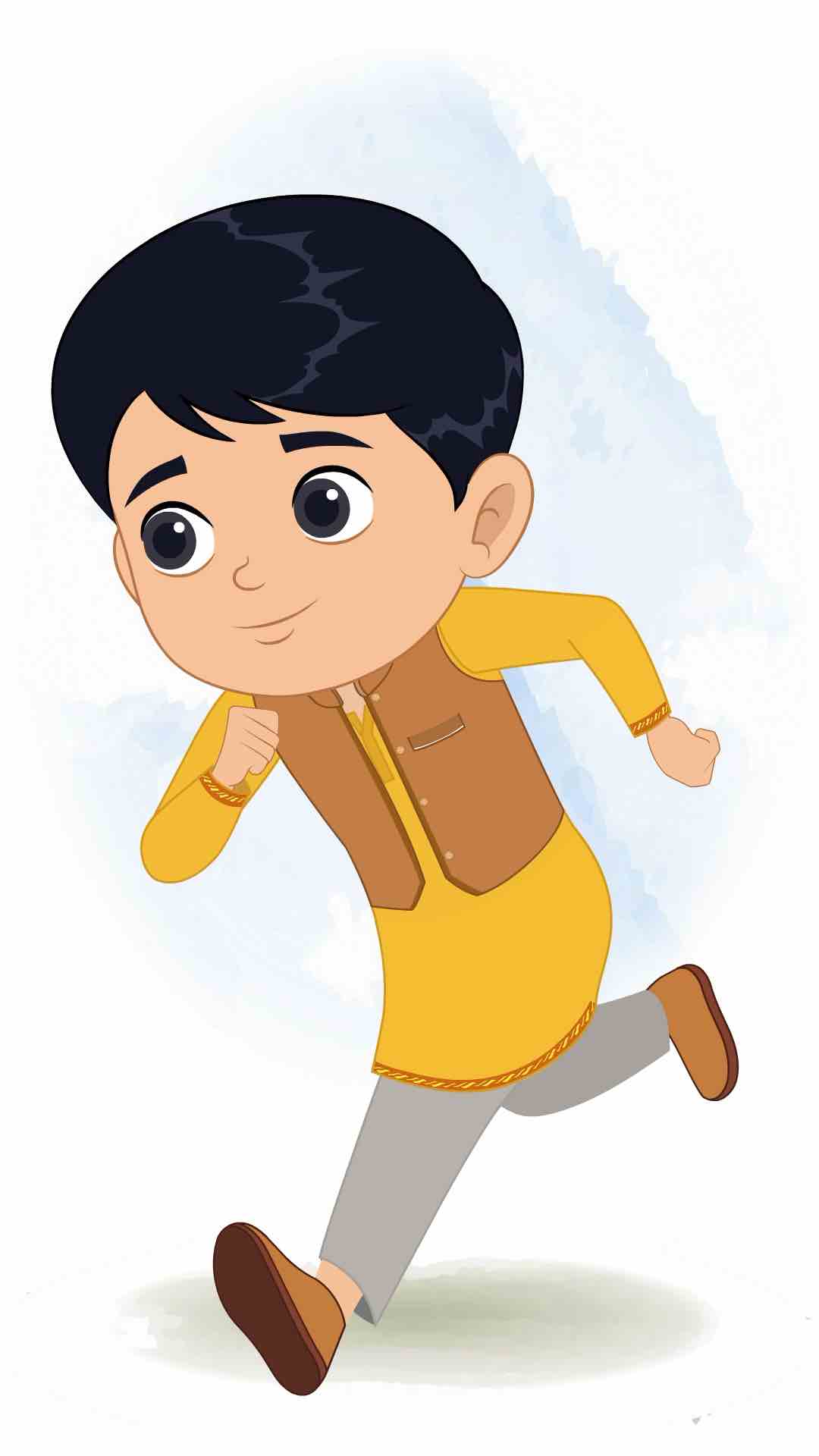 An Indian boy running three quarter view animated cartoon character aka ishaan