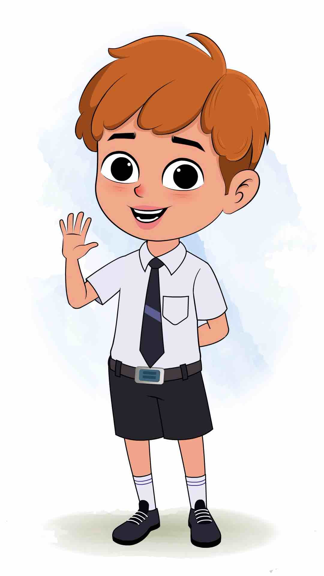 A school boy saying hello animated cartoon character aka leo