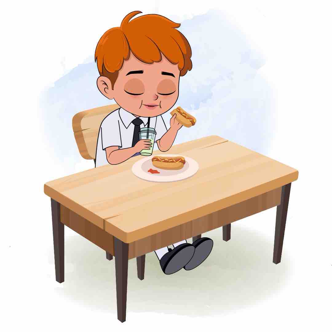 A school boy animated cartoon character sitting at a table and eating a hot dog aka leo