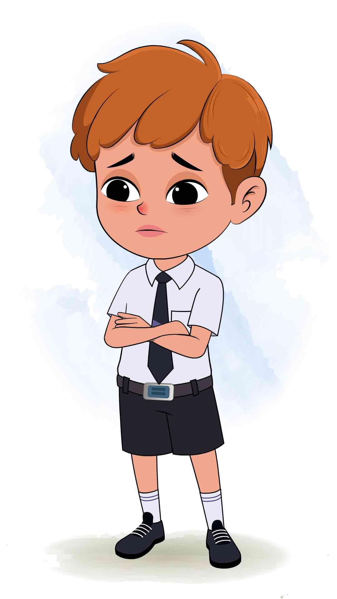 A school boy sad animated cartoon character aka leo