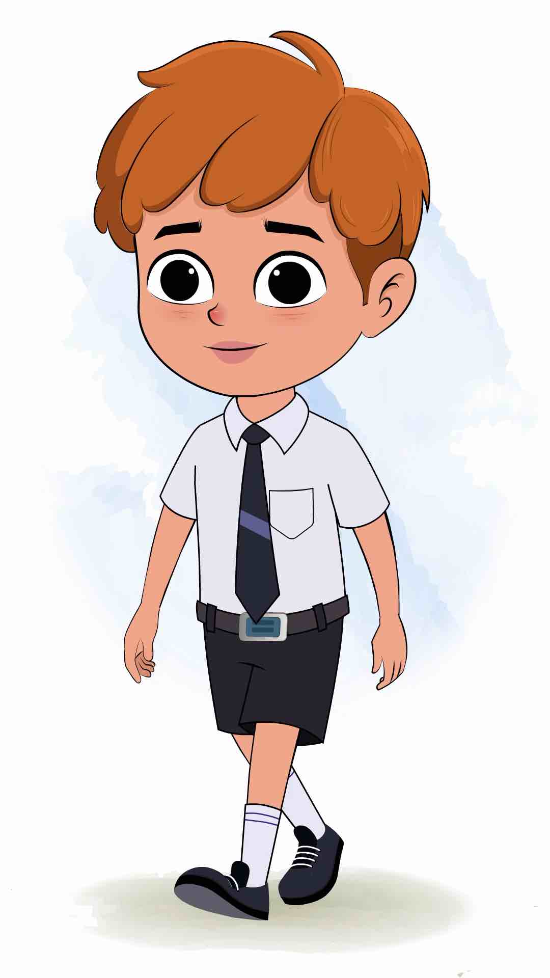 A school boy 3/4 front view/three quarter view walking animated cartoon character aka leo