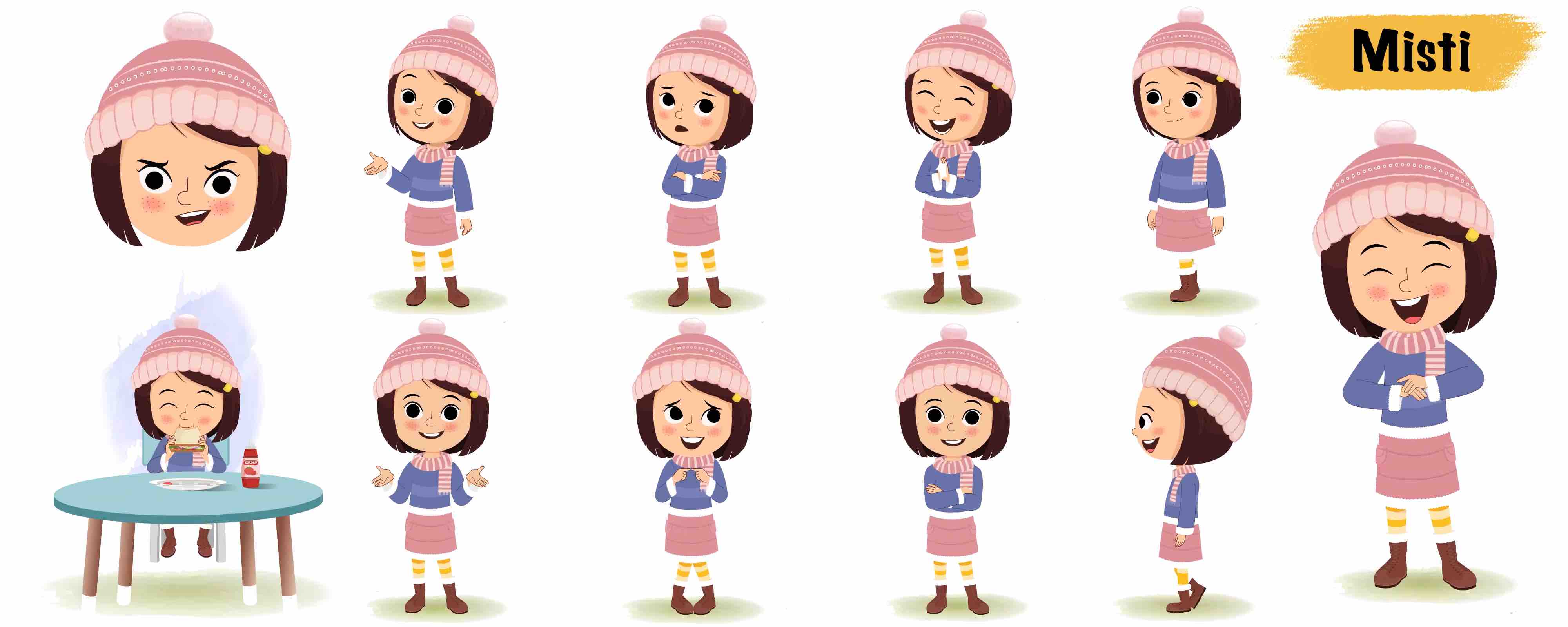 Little girl in winter clothes animated vector cartoon character model sheet AKA Misti