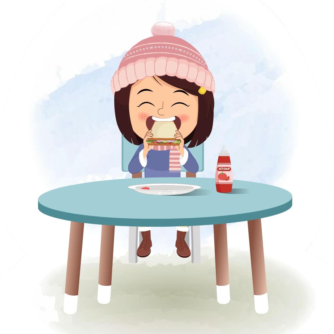 A little girl animated cartoon character sitting at a table and eating a sandwich aka misti