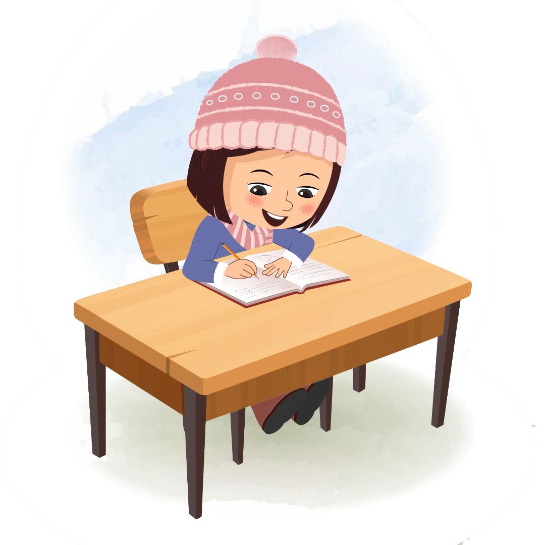 A little girl doing homework and sitting on the table animated cartoon character aka misti