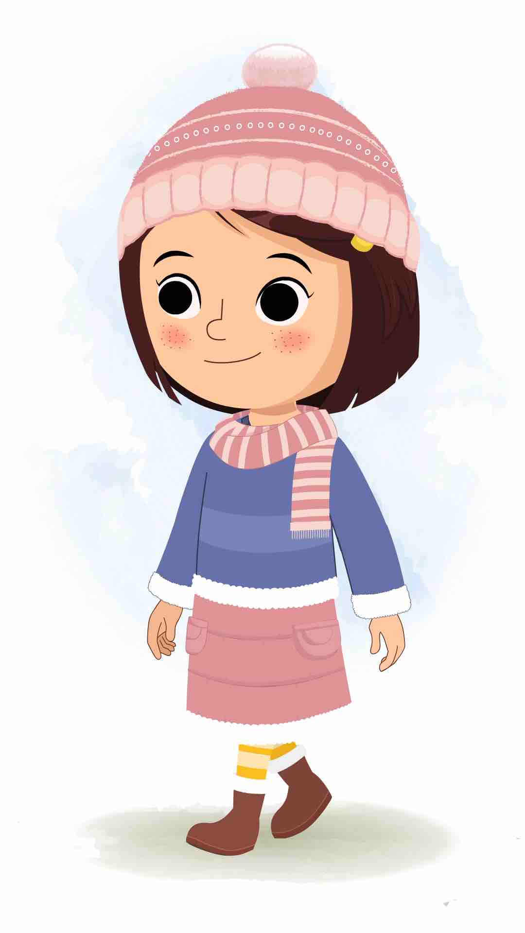 A little girl 3/4 front view/three quarter view walking animated cartoon character aka misti