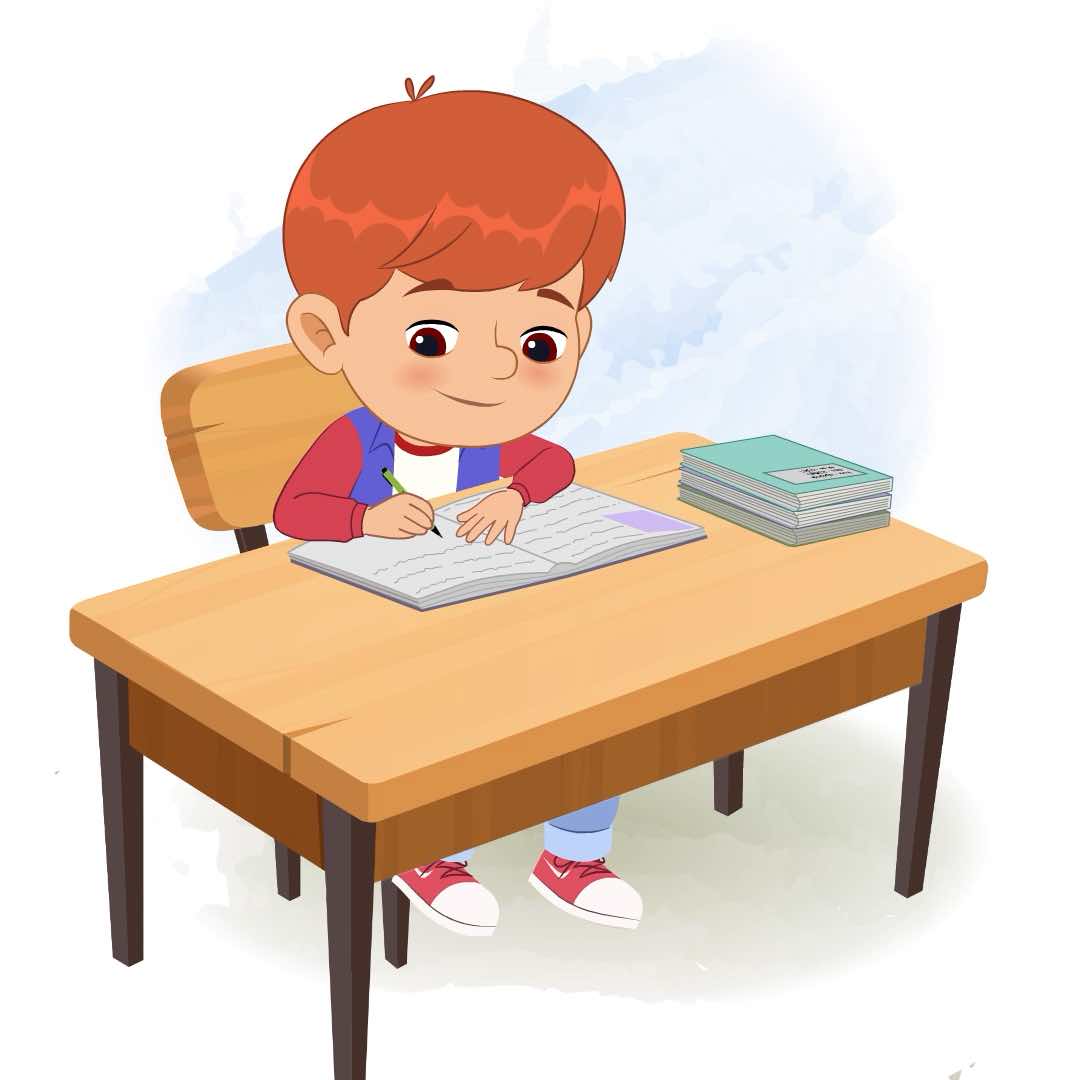 A cool boy doing homework and sitting on the table animated cartoon character aka max