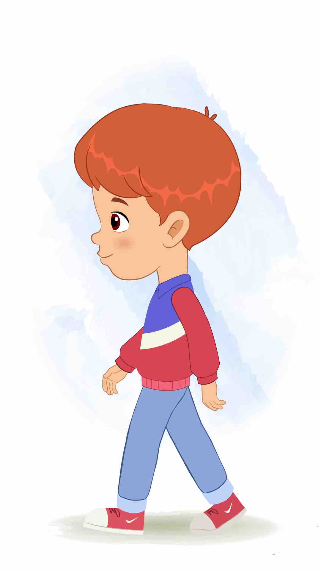 A cool boy walking side view animated cartoon character aka max