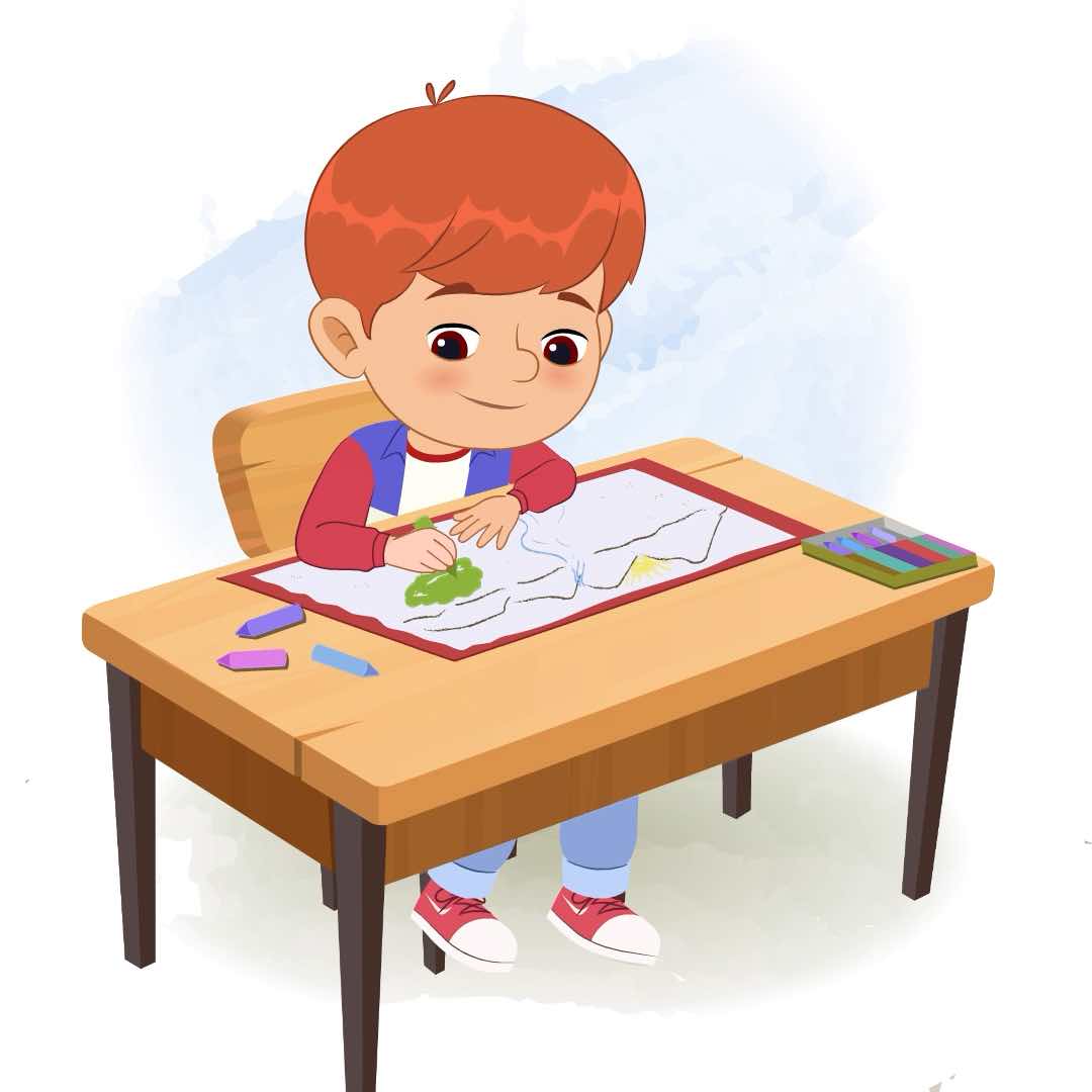 A cool boy is sitting at a table with some crayons and colouring on the paper aka max