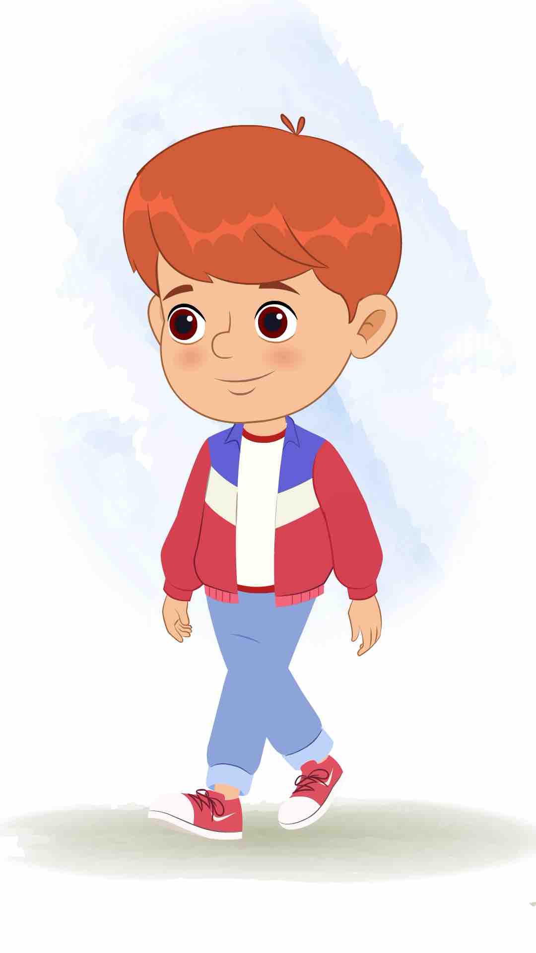 A cool boy 3/4 front view/three quarter view walking animated cartoon character aka max