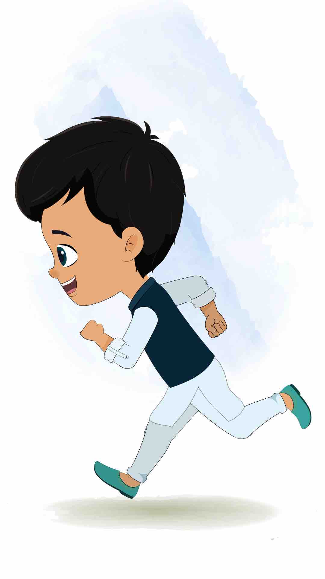 An Indian boy running fast side view animated cartoon character aka rohan