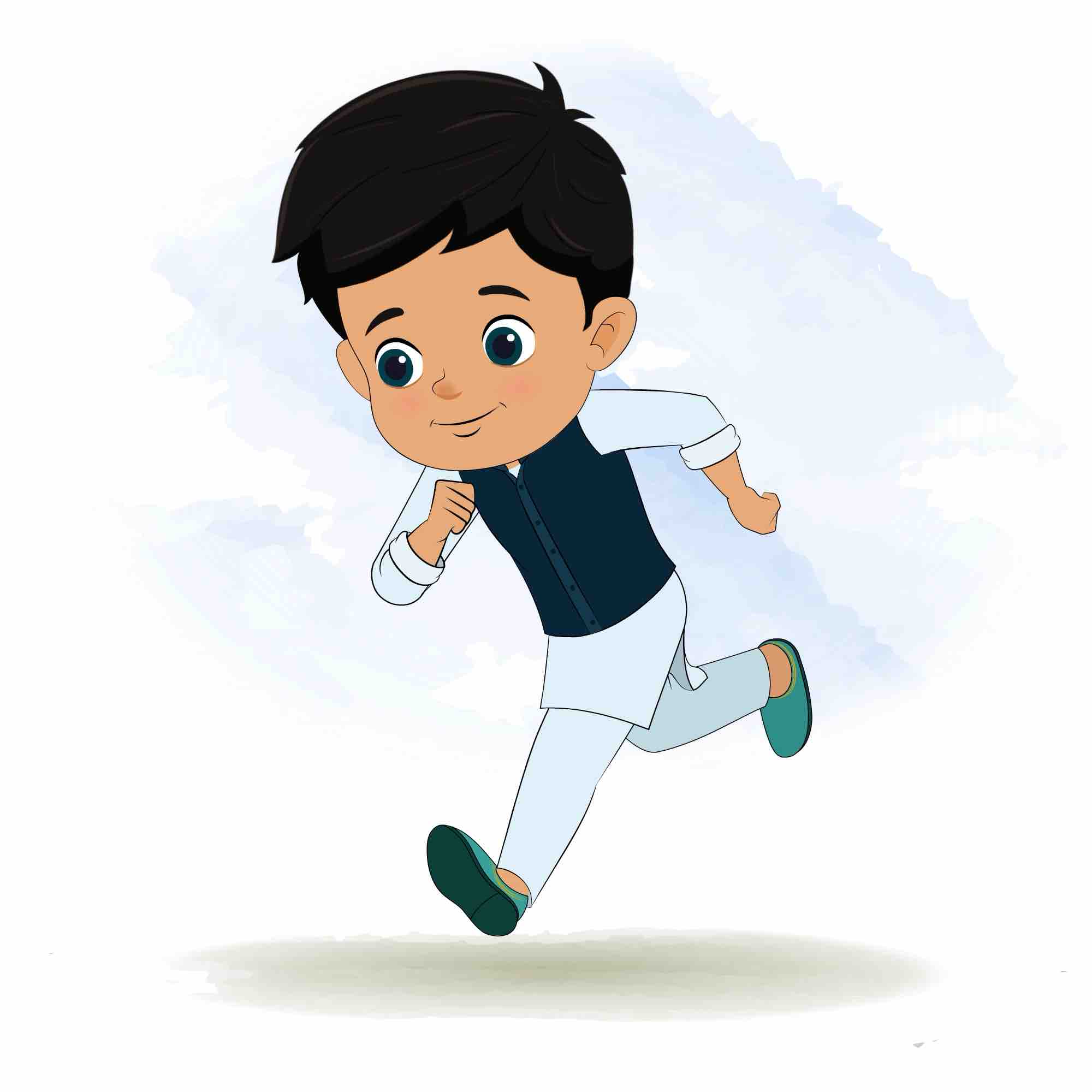 An Indian boy running three quarter view animated cartoon character aka rohan