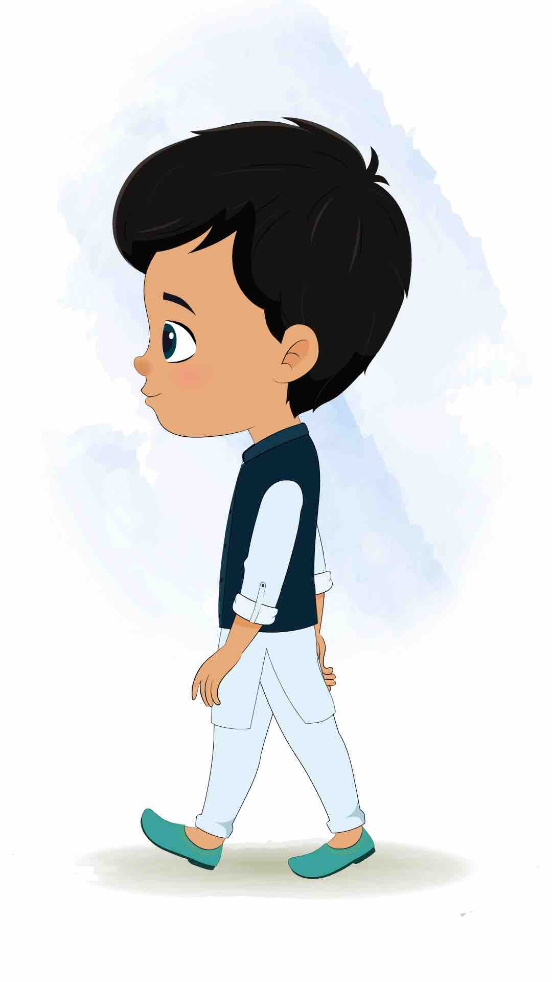 An Indian boy walking side view animated cartoon character aka rohan