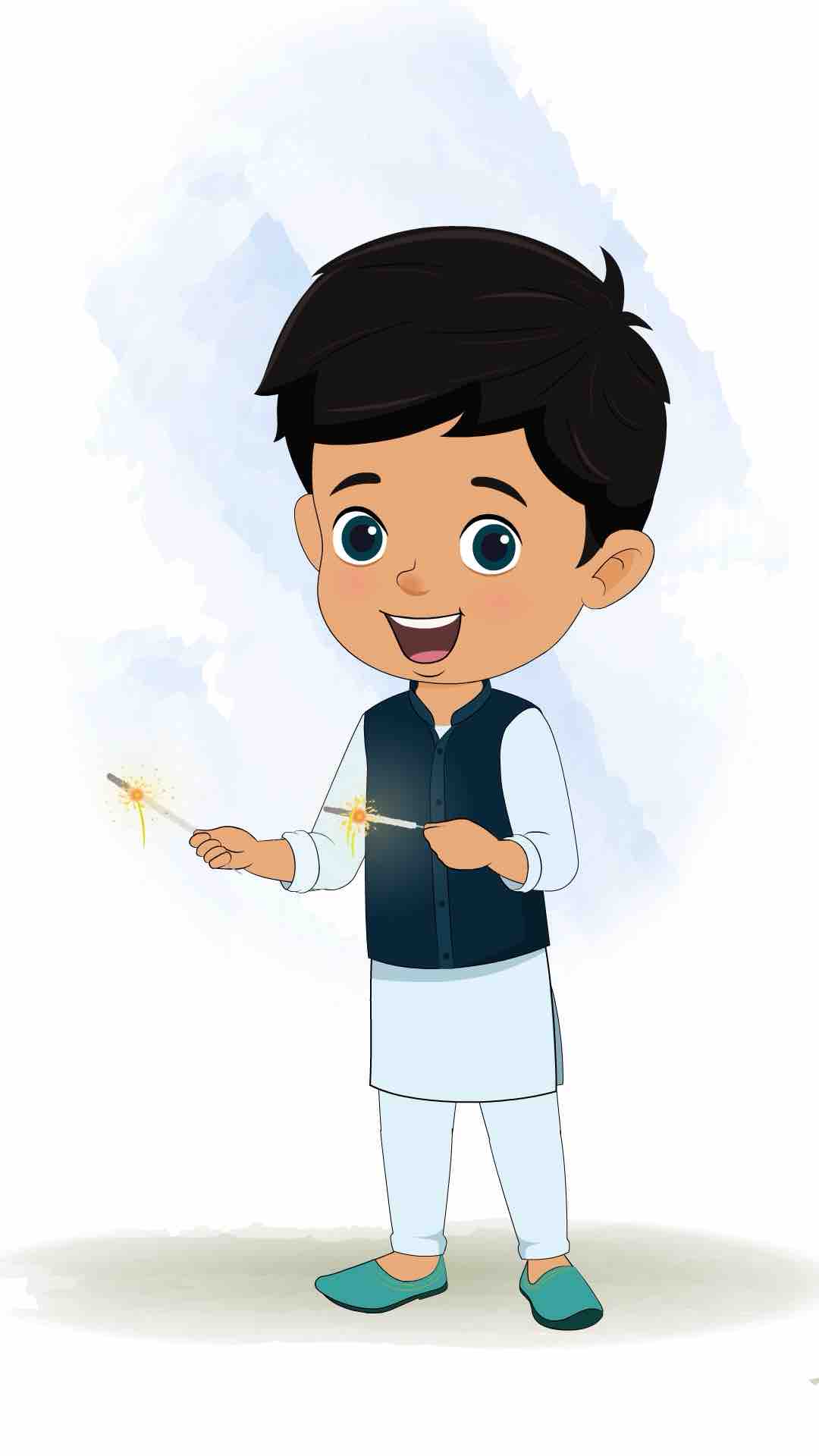 An Indian boy holding firework on diwali animated cartoon character aka rohan