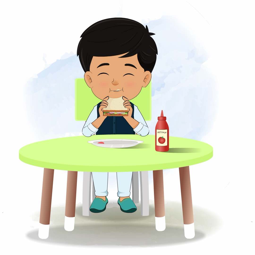 An Indian boy animated cartoon character sitting at a table and eating a sandwich aka rohan