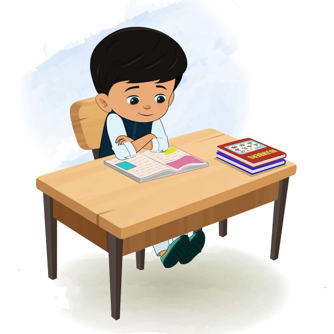 An Indian boy reading a book and sitting on the table animated cartoon character aka rohan