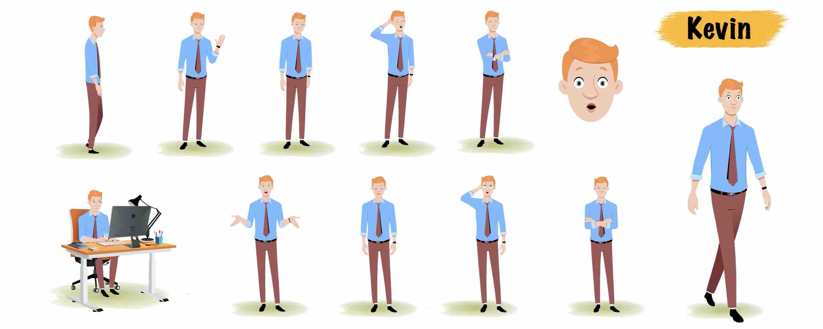 Office employee animated vector cartoon character model sheet AKA Kevin