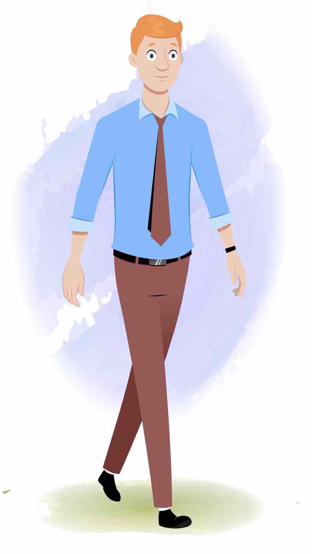 An office employee 3/4 front view/three quarter view walking animated cartoon character AKA Kevin