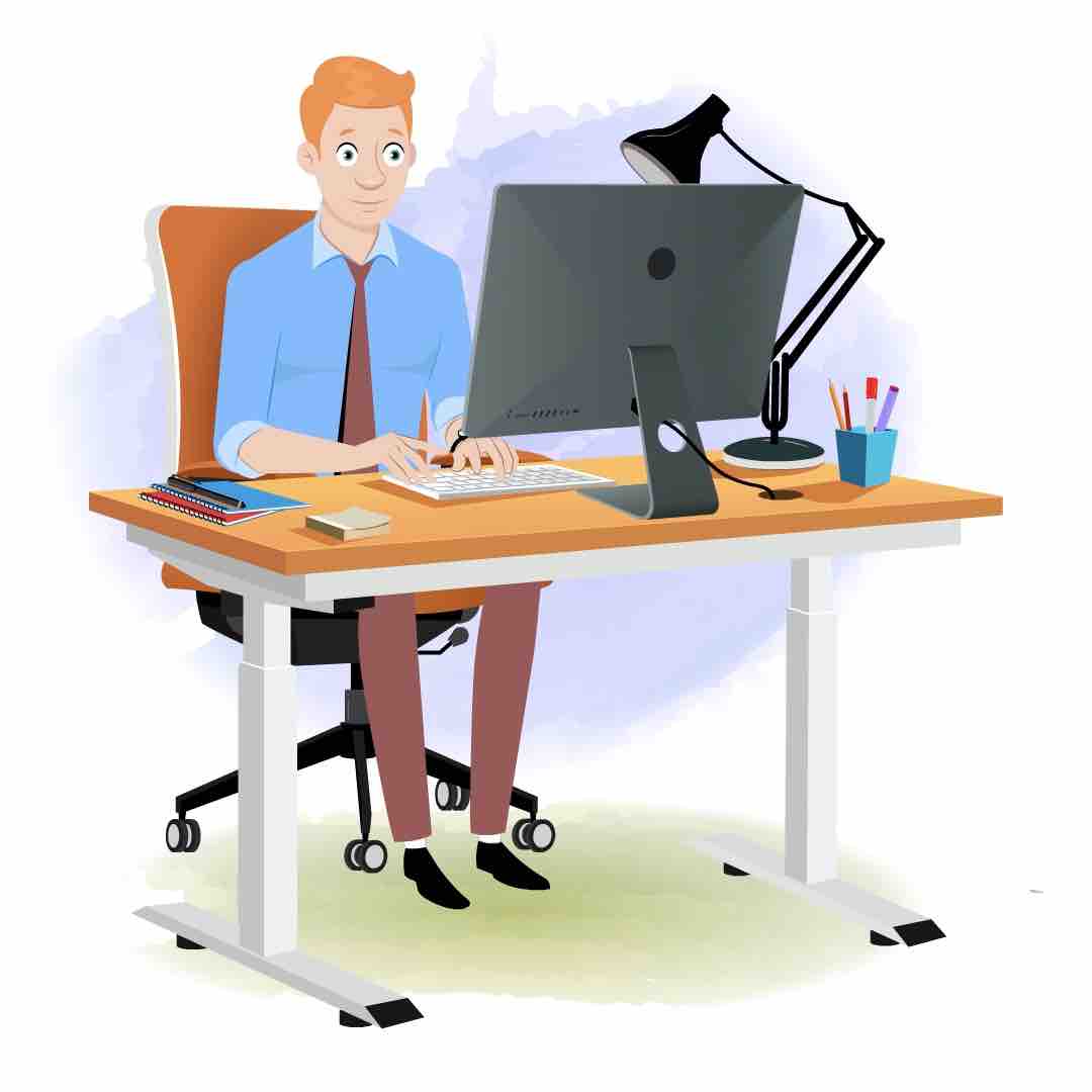 An office employee animated cartoon character working on a computer AKA Kevin