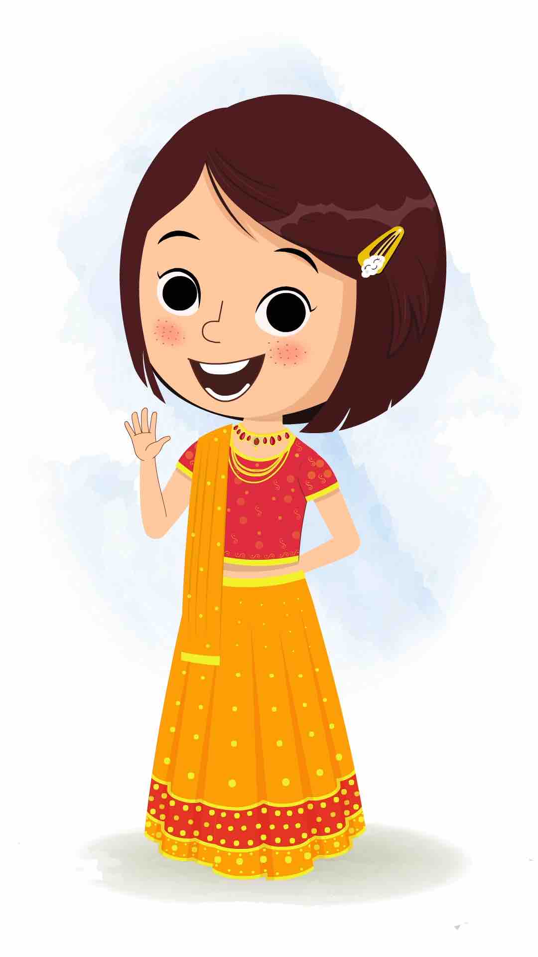 An Indian girl in traditional clothes saying hello animated cartoon character aka misti