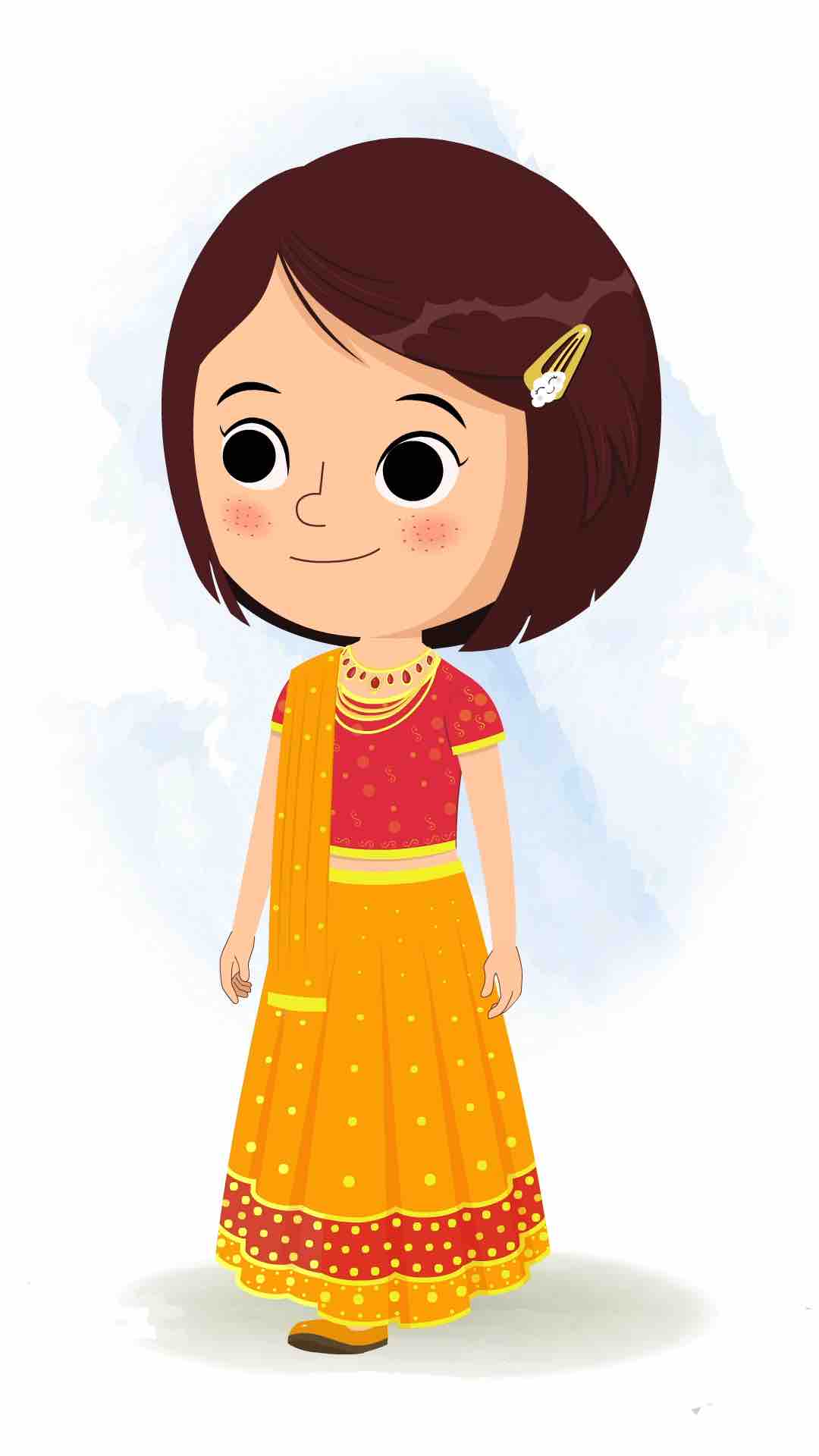 An Indian girl in traditional clothes 3/4 front view/three quarter view walking animated cartoon character aka misti