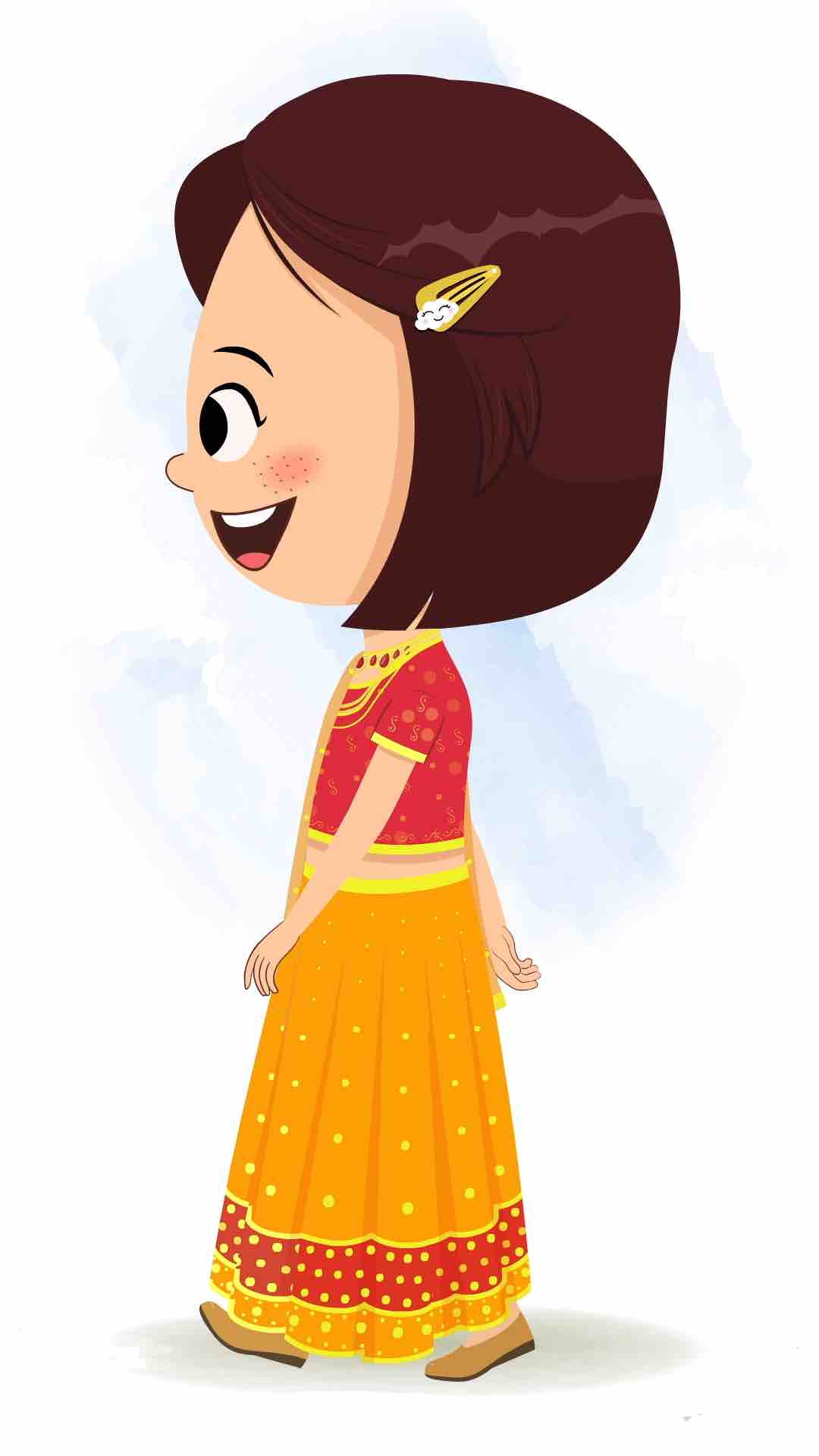 An Indian girl in traditional clothes walking side view animated cartoon character aka misti