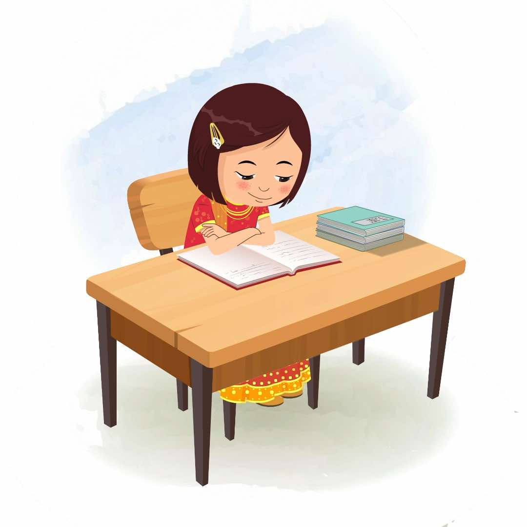 An Indian girl in traditional clothes reading a book and sitting on the table animated cartoon character aka misti