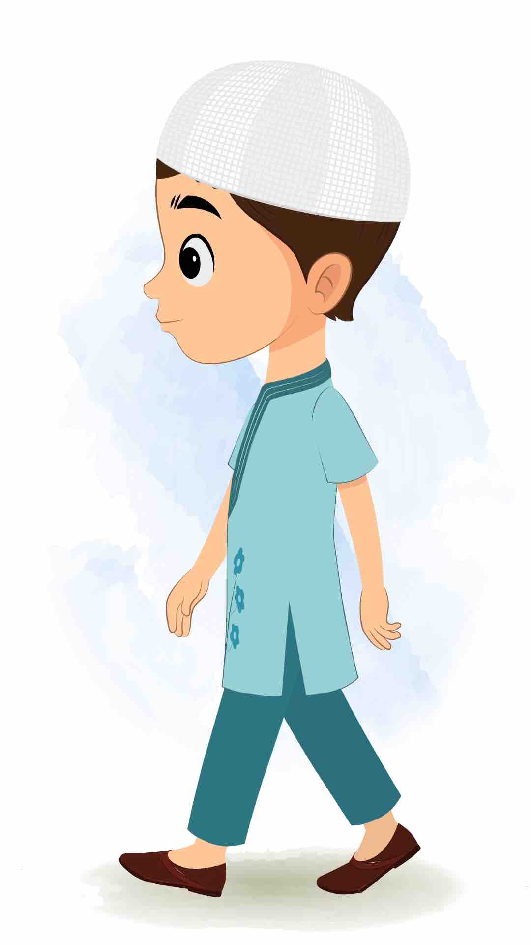 A cute muslim boy walking side view animated cartoon character aka bittu