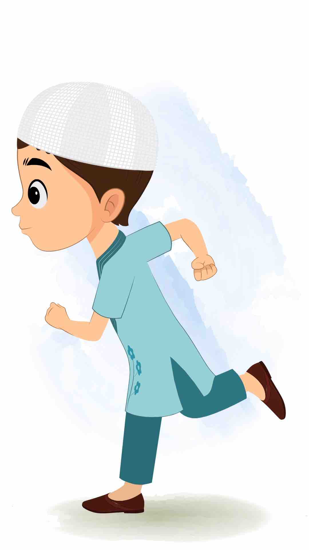 A cute muslim boy running fast side view animated cartoon character aka bittu