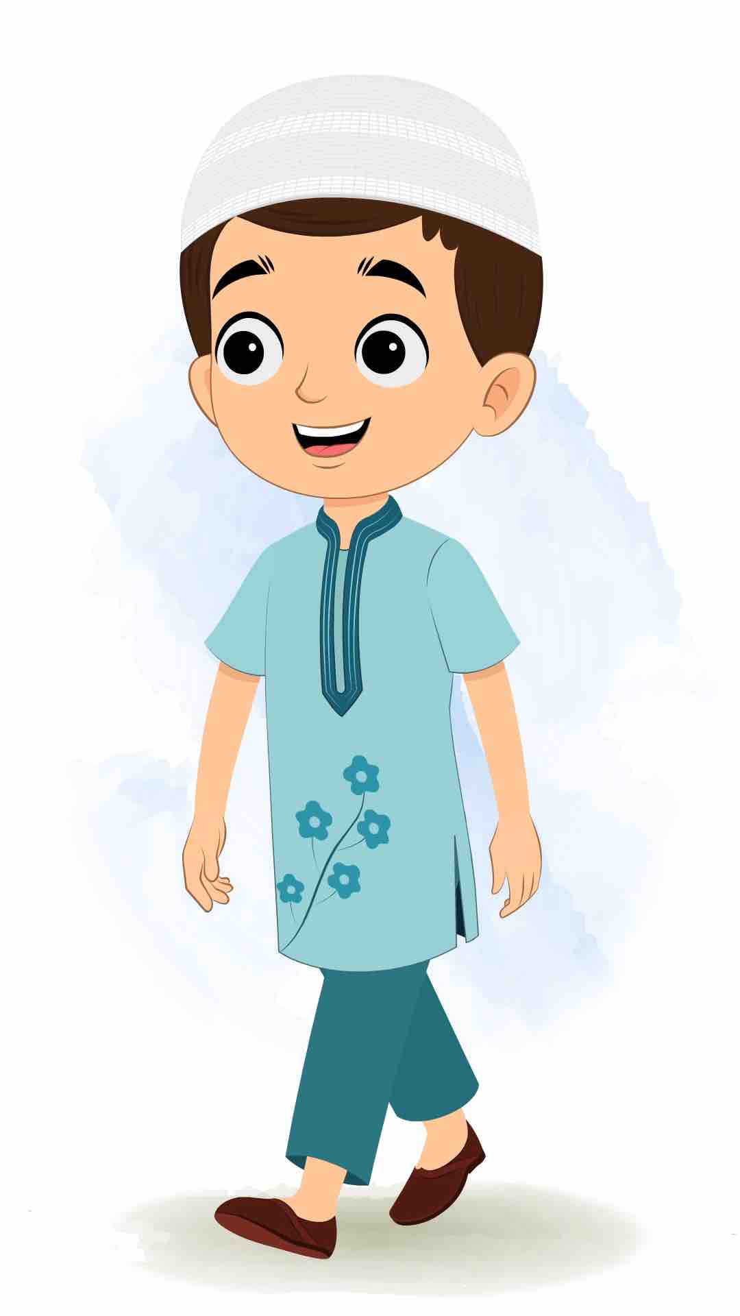 A cute muslim boy 3/4 front view/three quarter view walking animated cartoon character aka bittu