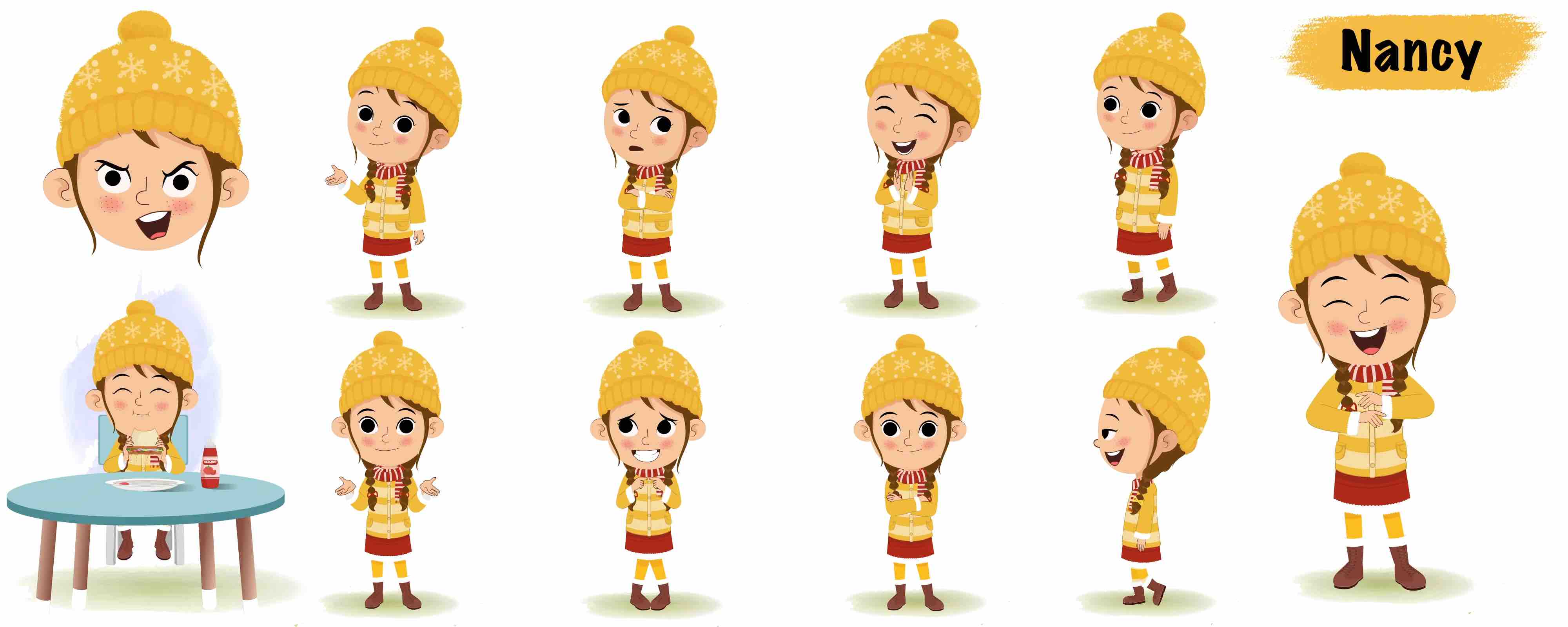 Cute girl in winter clothes animated vector cartoon character model sheet AKA Nancy