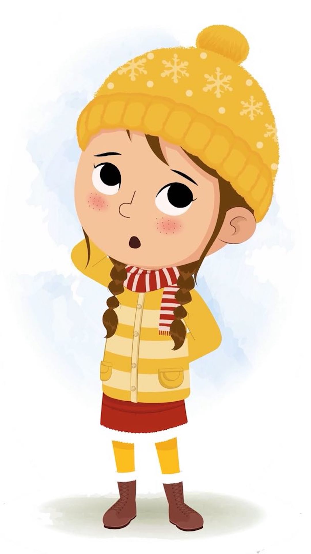 A cute confused girl in winter clothes animated cartoon character aka nancy