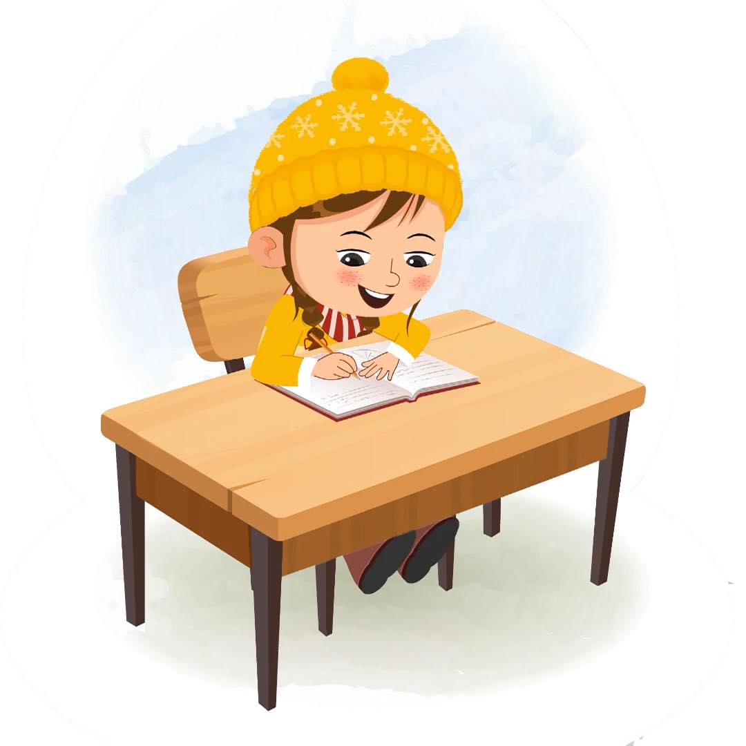 A cute girl in winter clothes doing homework and sitting on the table animated cartoon character aka nancy