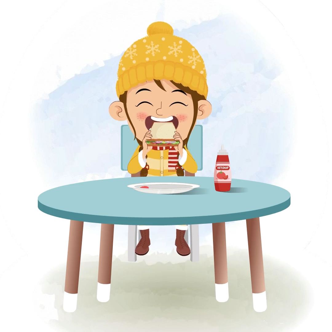 A cute girl in winter clothes animated cartoon character sitting at a table and eating a sandwich aka nancy