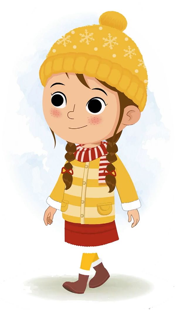 A cute girl in winter clothes 3/4 front view/three quarter view walking animated cartoon character aka nancy