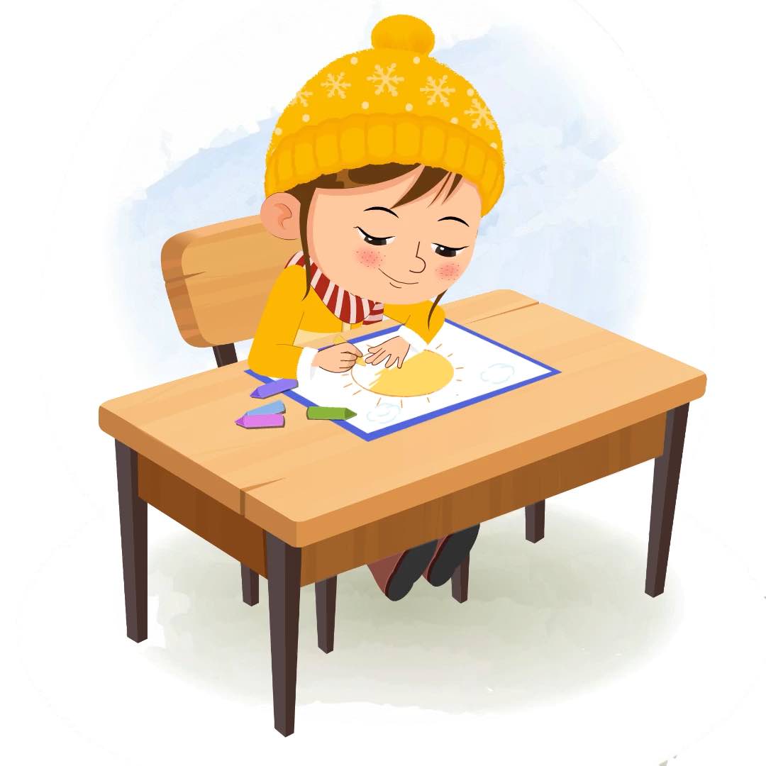 A cute girl in winter clothes is sitting at a table with some crayons and coloring on the paper aka nancy