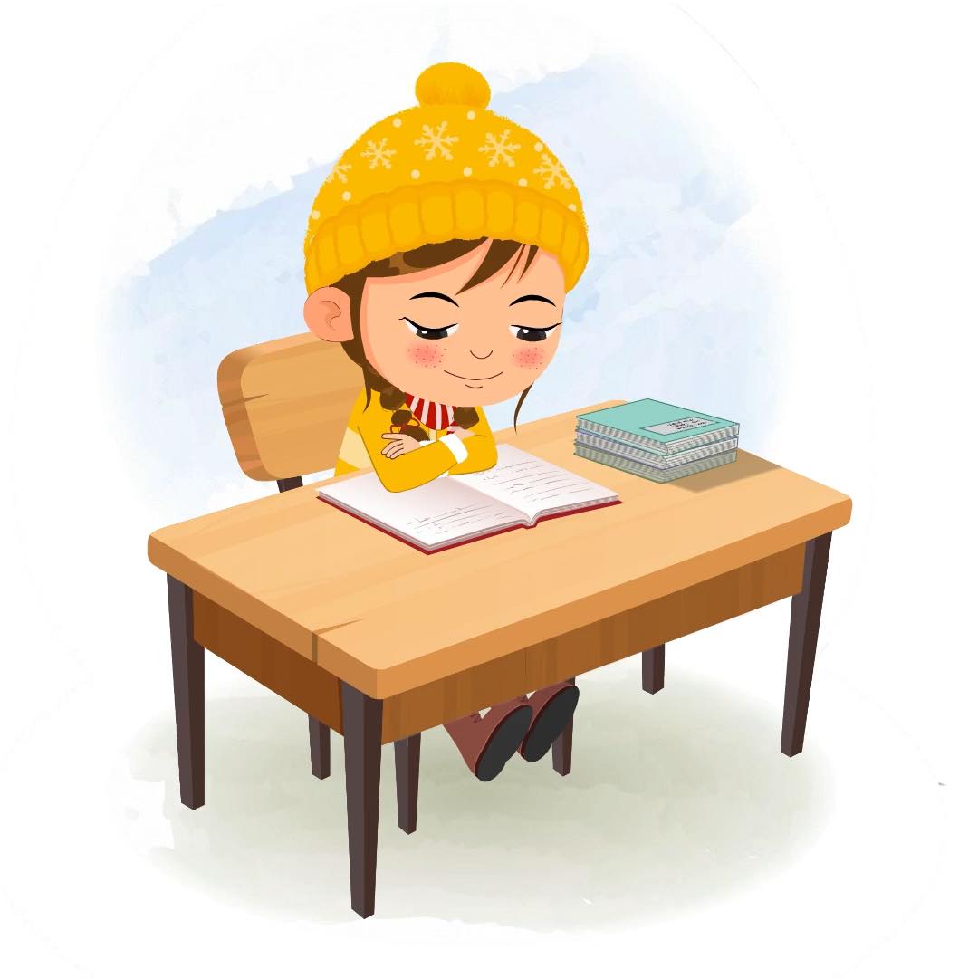 A cute girl in winter clothes reading a book and sitting on the table animated cartoon character aka nancy