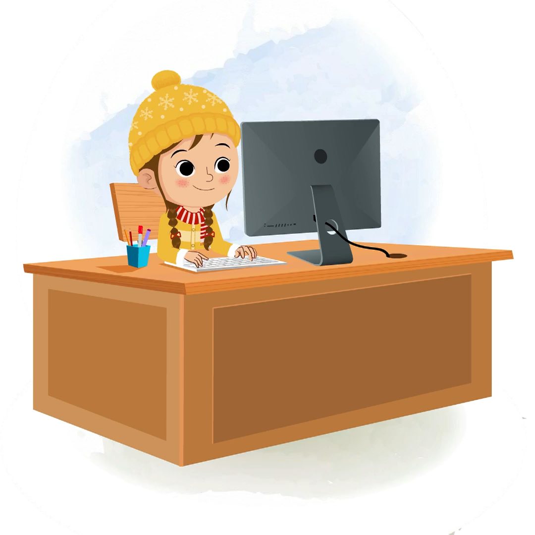 A cute girl in winter clothes animated cartoon character working on a computer aka nancy