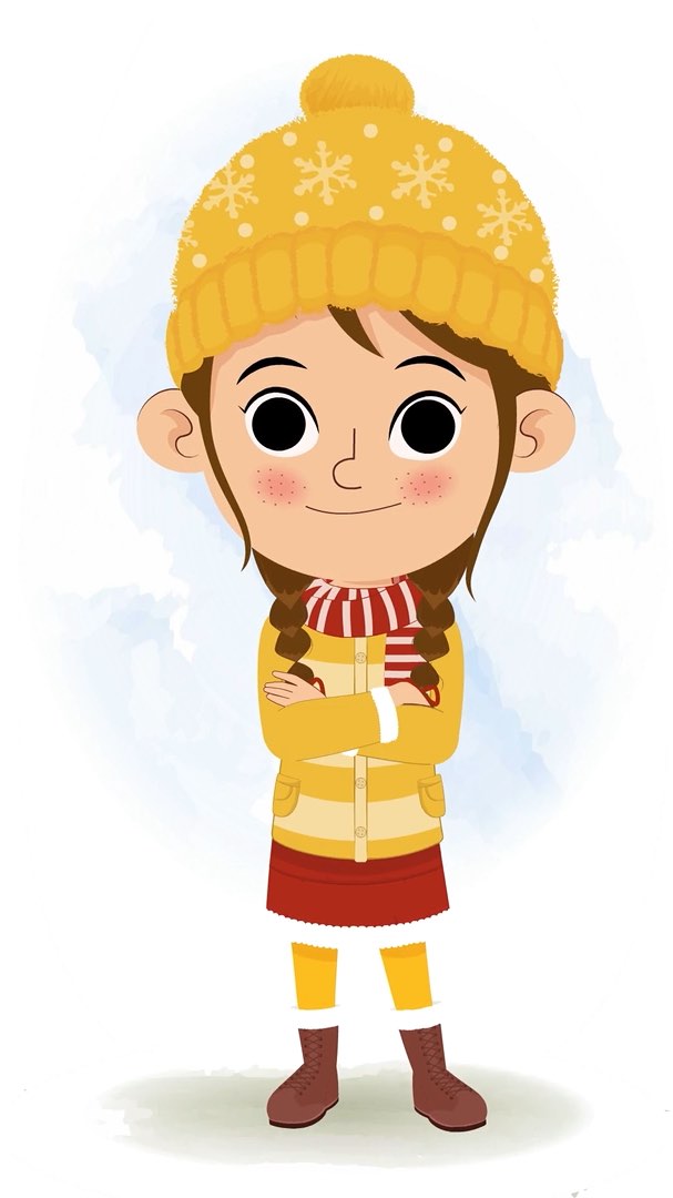 A cute girl in winter clothes standing with cross hand and talking animated cartoon character aka nancy